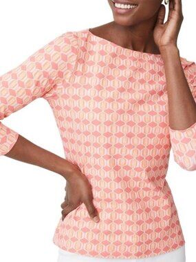 J McLaughlin Coral Pink Patterned Wavesong Boatneck 3/4 Sleeve Top Large